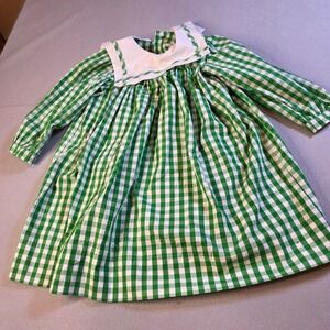 Delaney Girls Green White Gingham Check Long Sleeve Dress Peter Pan Collar 4T